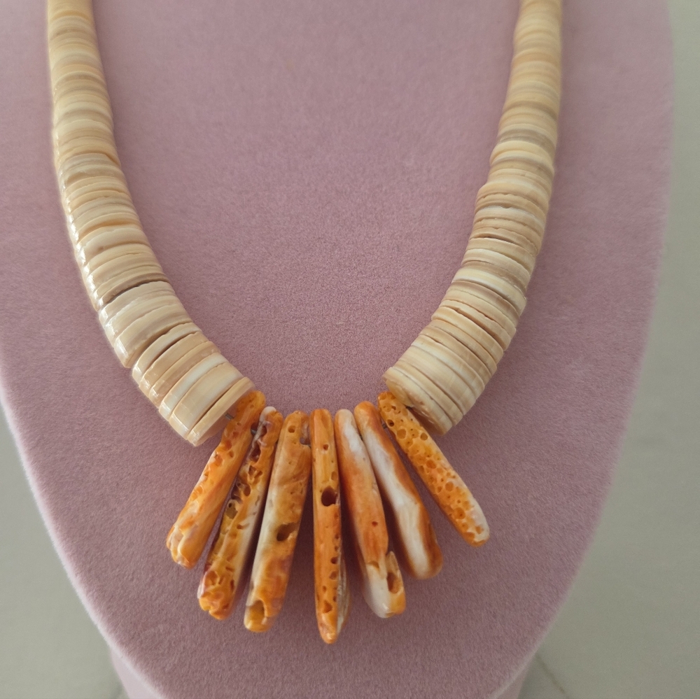 Melon Heishi Shell & Orange Spiny Oyster Necklace Boho Beachy Southwestern - Picture 3 of 6